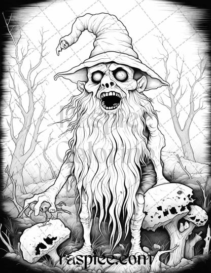 50 Horror Zombie Gnomes Grayscale Coloring Pages Printable for Adults, PDF File Instant Download