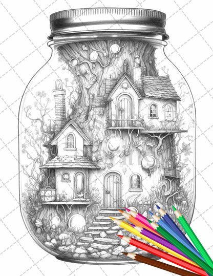 Fairy House in Jar Grayscale Coloring Pages Printable for Adults, PDF File Instant Download