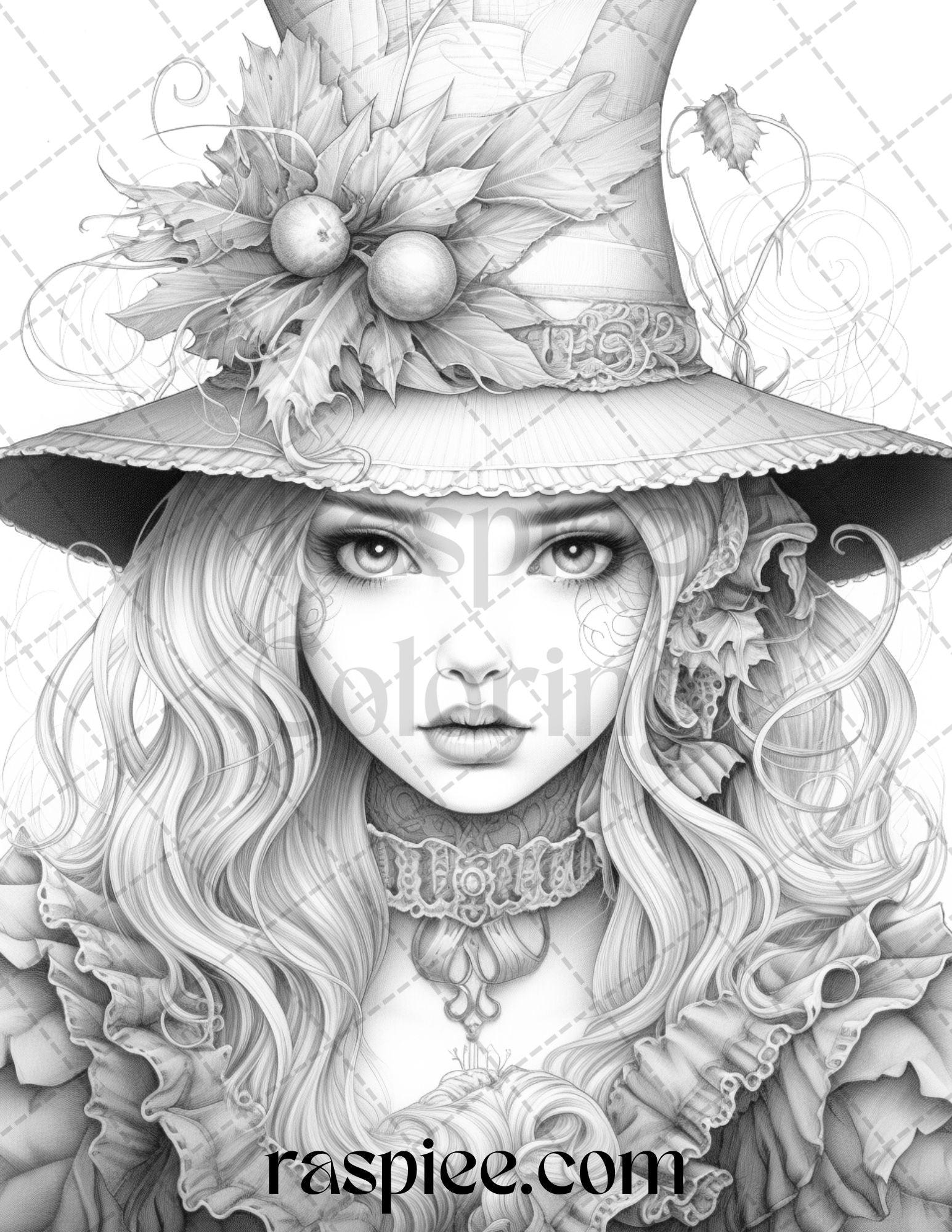 55 Halloween Girls Grayscale Coloring Pages Printable for Adults, PDF File Instant Download