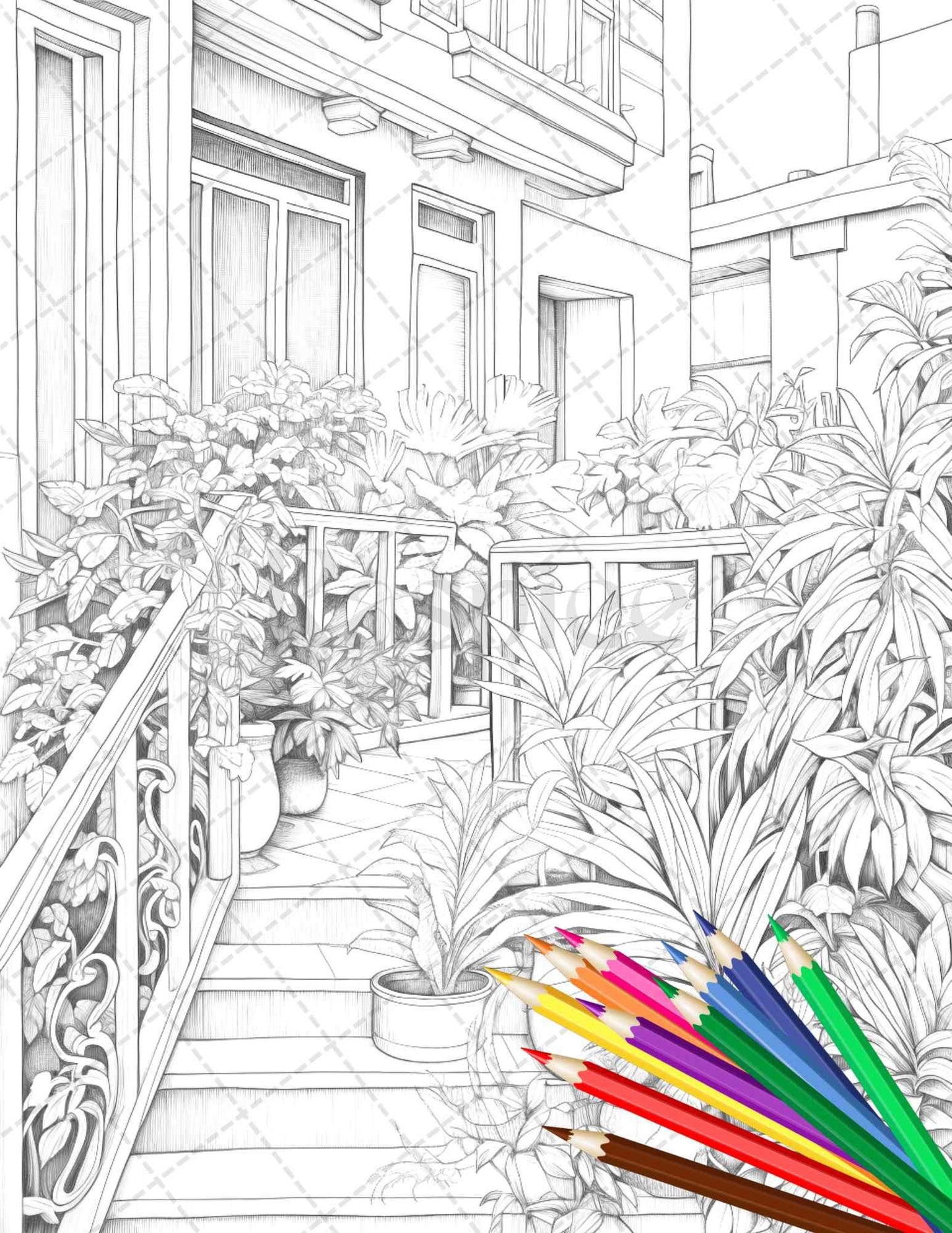 Charming Balcony Garden Grayscale Coloring Pages Printable for Adults, PDF File Instant Download