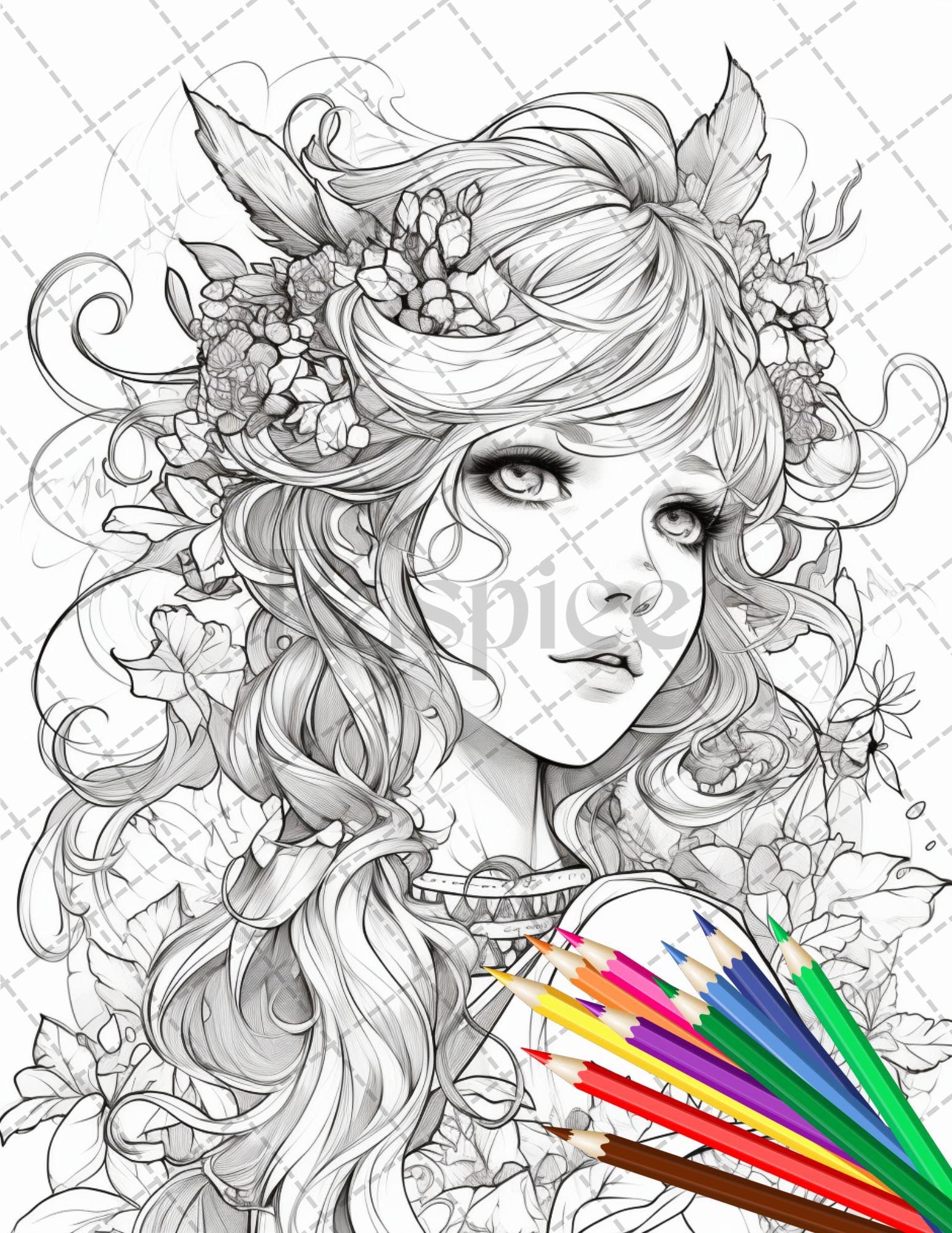 32 Anime Fairy Girl Printable Coloring Pages for Adults, Cute Fairy Grayscale Coloring Book, Printable PDF File Download