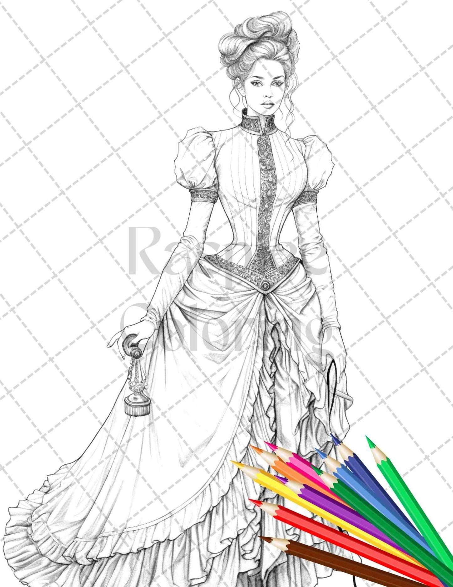 50 Victorian Fashion Grayscale Coloring Pages Printable for Adults, PDF File Instant Download