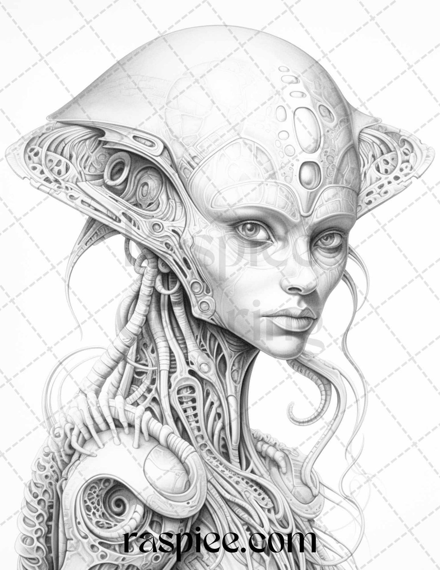 65 Alien Portrait Grayscale Coloring Pages for Adults, Printable PDF File Instant Download