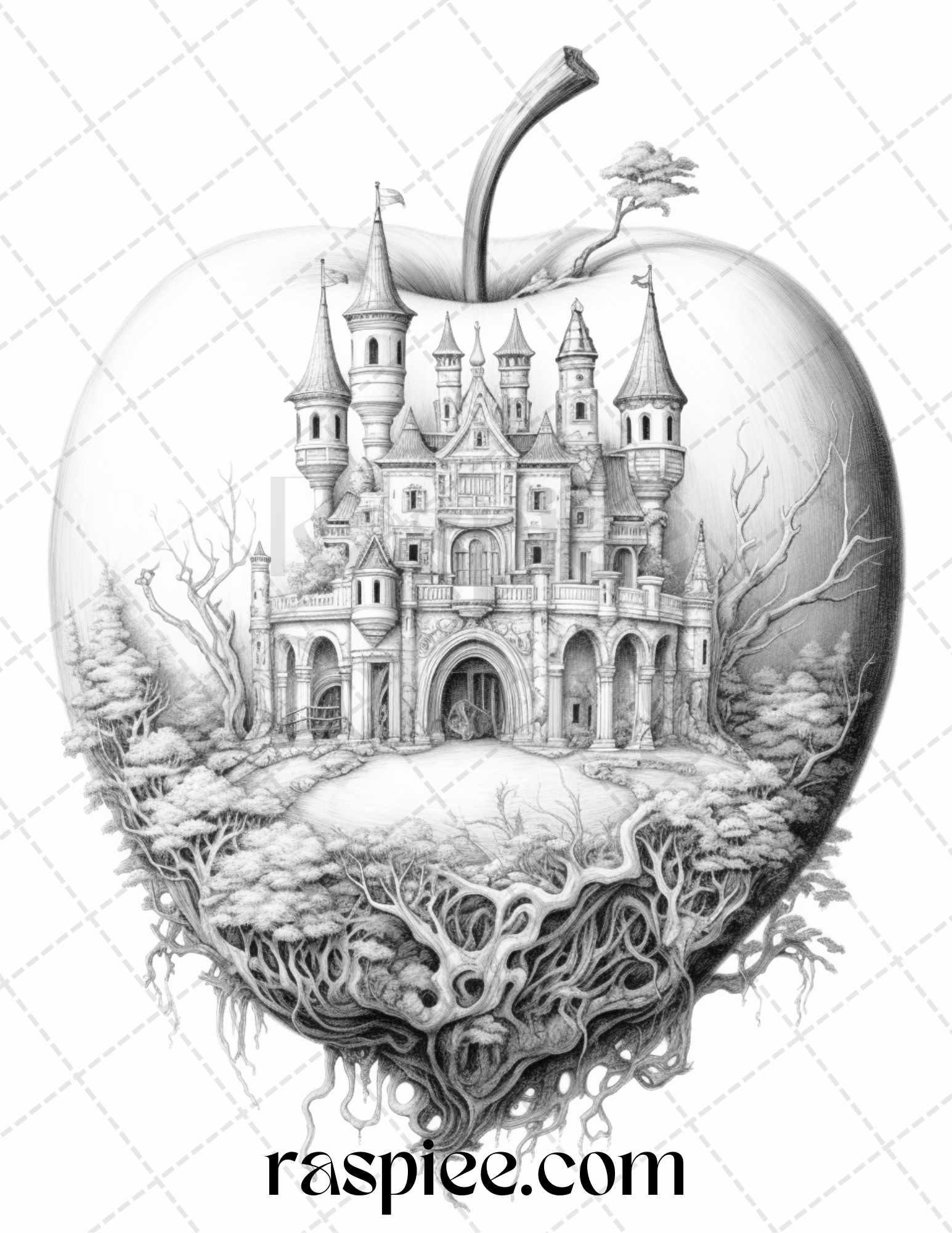 60 Miniworld in the Apple Grayscale Coloring Pages Printable for Adults, PDF File Instant Download