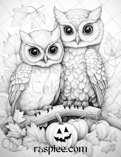 Autumn Animals Grayscale Coloring Pages for Adults and Kids, Printable PDF File Instant Download