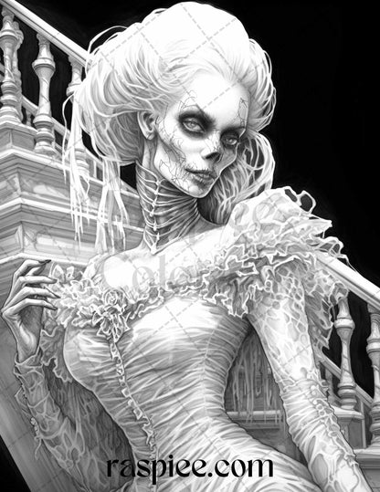 60 Halloween Victorian Era Grayscale Coloring Pages Printable for Adults, PDF File Instant Download