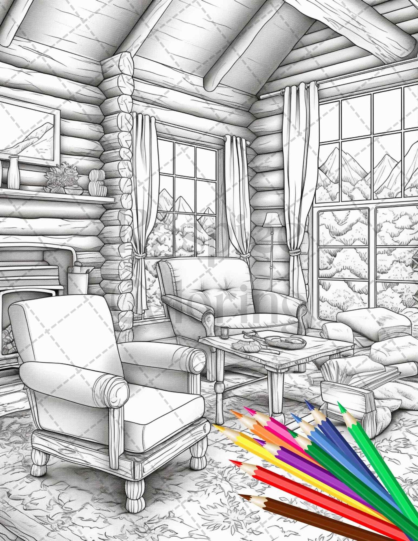 Cozy Cabin Interior Grayscale Coloring Pages Printable for Adults, PDF File Instant Download