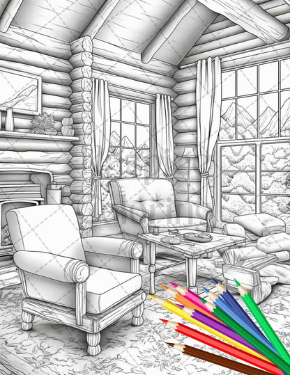 Cozy Cabin Interior Grayscale Coloring Pages Printable for Adults, PDF File Instant Download