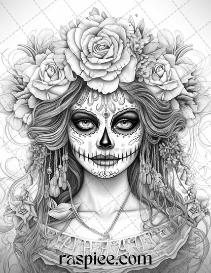 50 Day of the Dead Grayscale Coloring Pages Printable for Adults, PDF File Instant Download