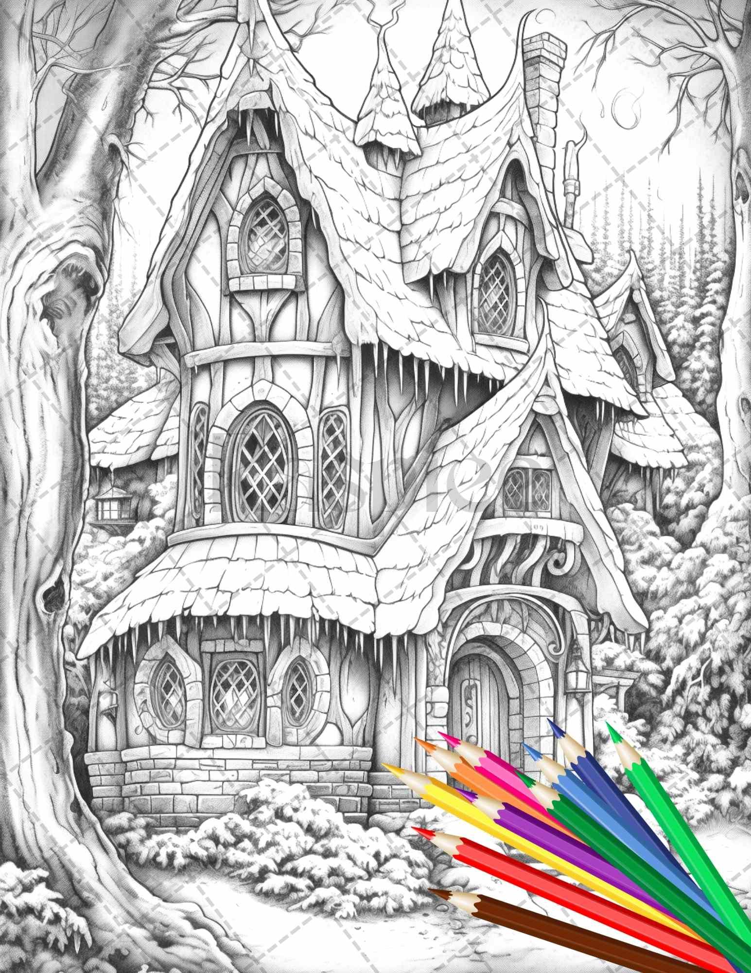 63 Winter Fairy Houses Grayscale Coloring Pages Printable for Adults, PDF File Instant Download