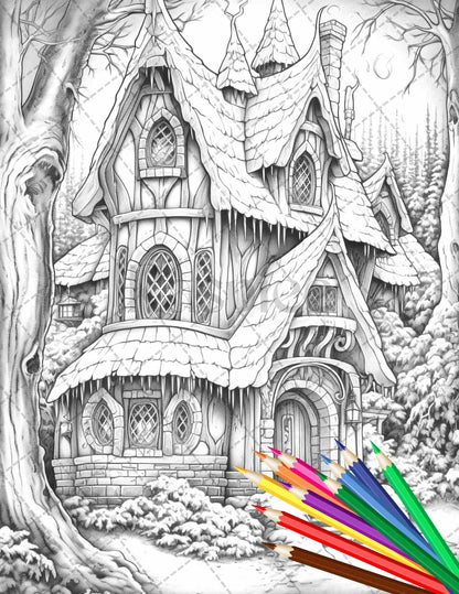 63 Winter Fairy Houses Grayscale Coloring Pages Printable for Adults, PDF File Instant Download