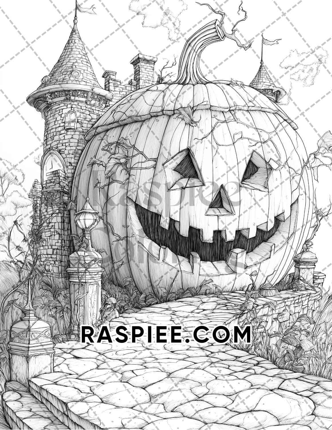 Fantasy Giant Pumpkin Castles Adult Coloring Pages Printable PDF Instant Download