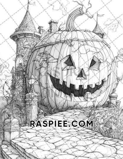 Fantasy Giant Pumpkin Castles Adult Coloring Pages Printable PDF Instant Download