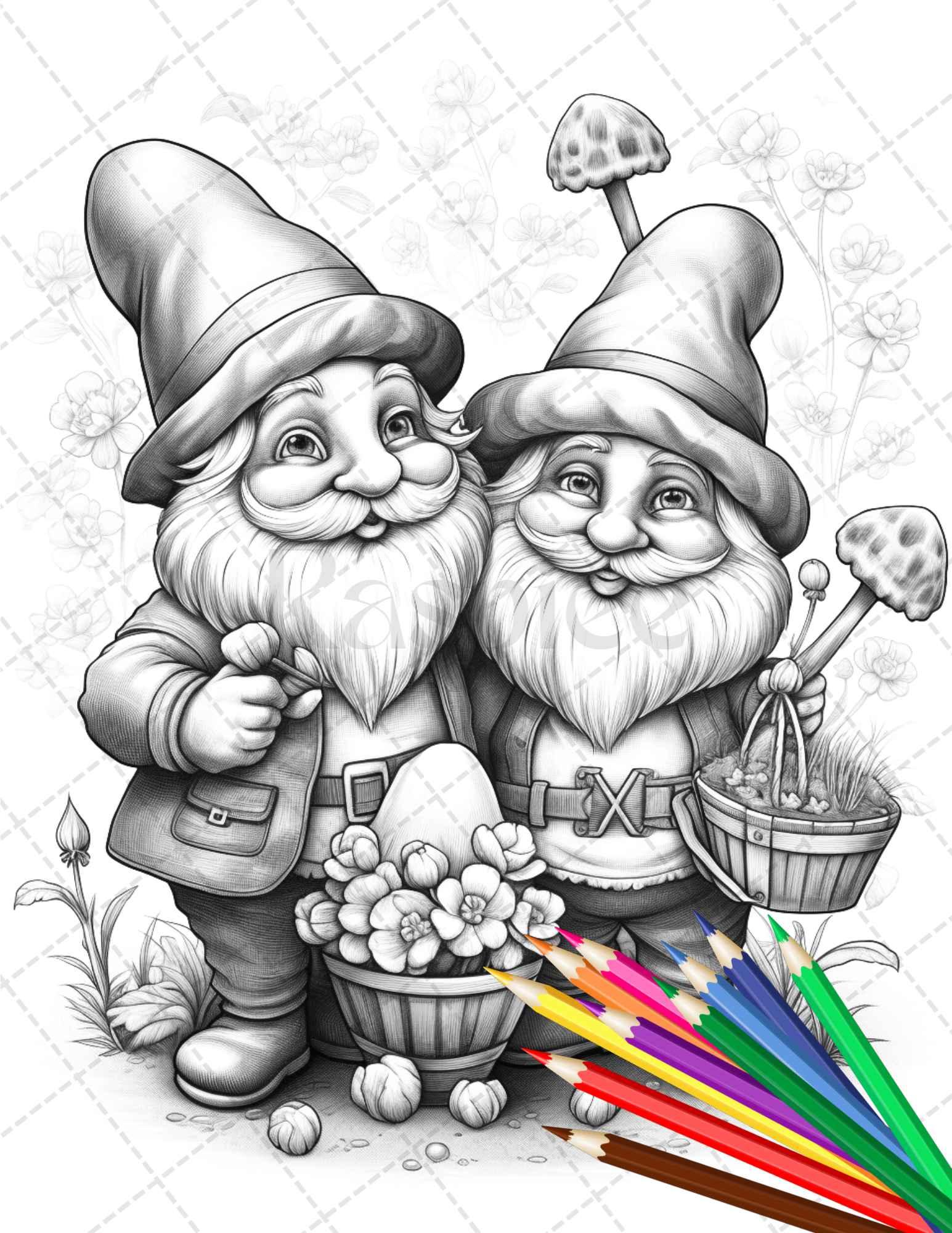33 Gnome Love Coloring Pages Printable for Adults, Grayscale Coloring Page, PDF File Instant Download