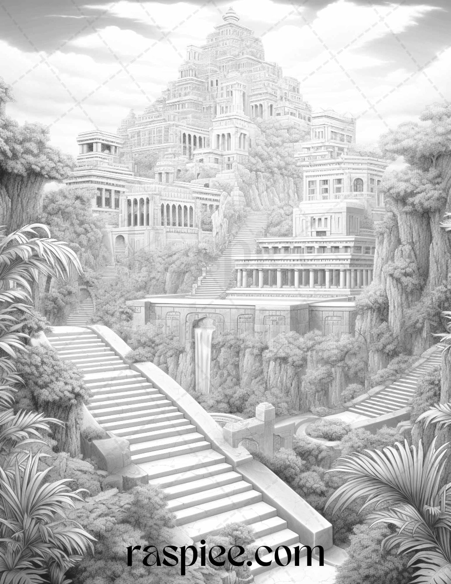 Hanging Gardens of Babylon Grayscale Coloring Pages Printable, PDF File Instant Download