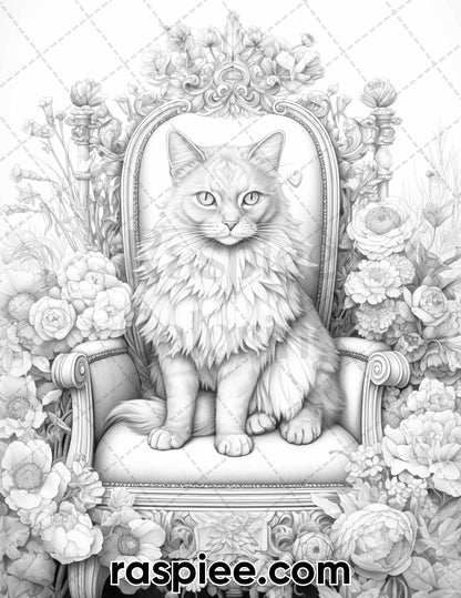 50 Royal King Cat Grayscale Coloring Pages for Adults, Printable PDF Instant Download