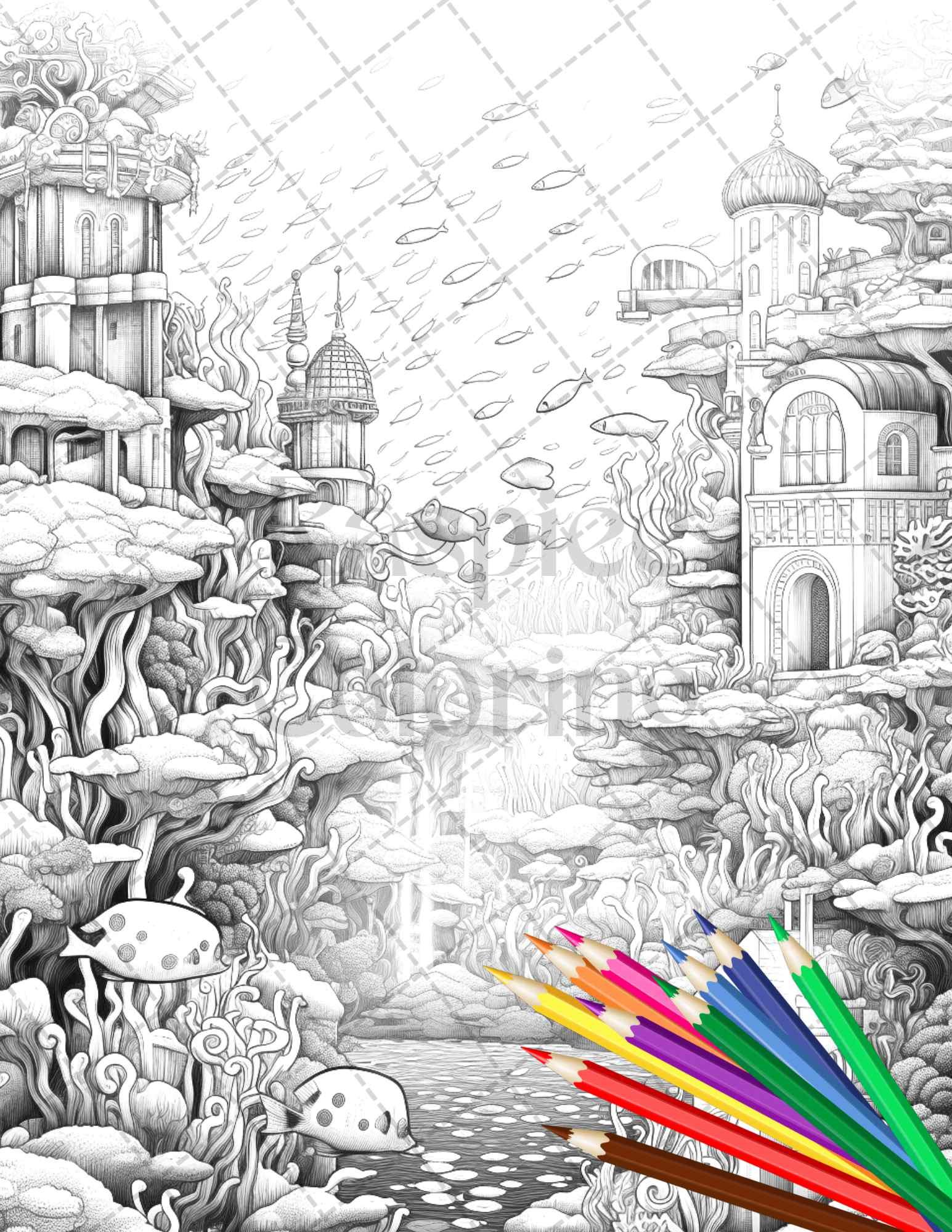 Enchanted Underwater City Grayscale Coloring Pages Printable for Adults, PDF File Instant Download