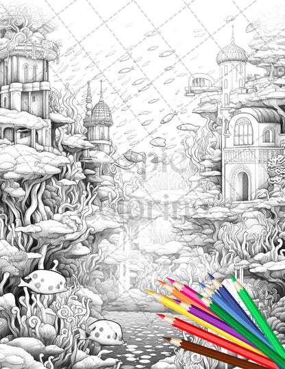 Enchanted Underwater City Grayscale Coloring Pages Printable for Adults, PDF File Instant Download