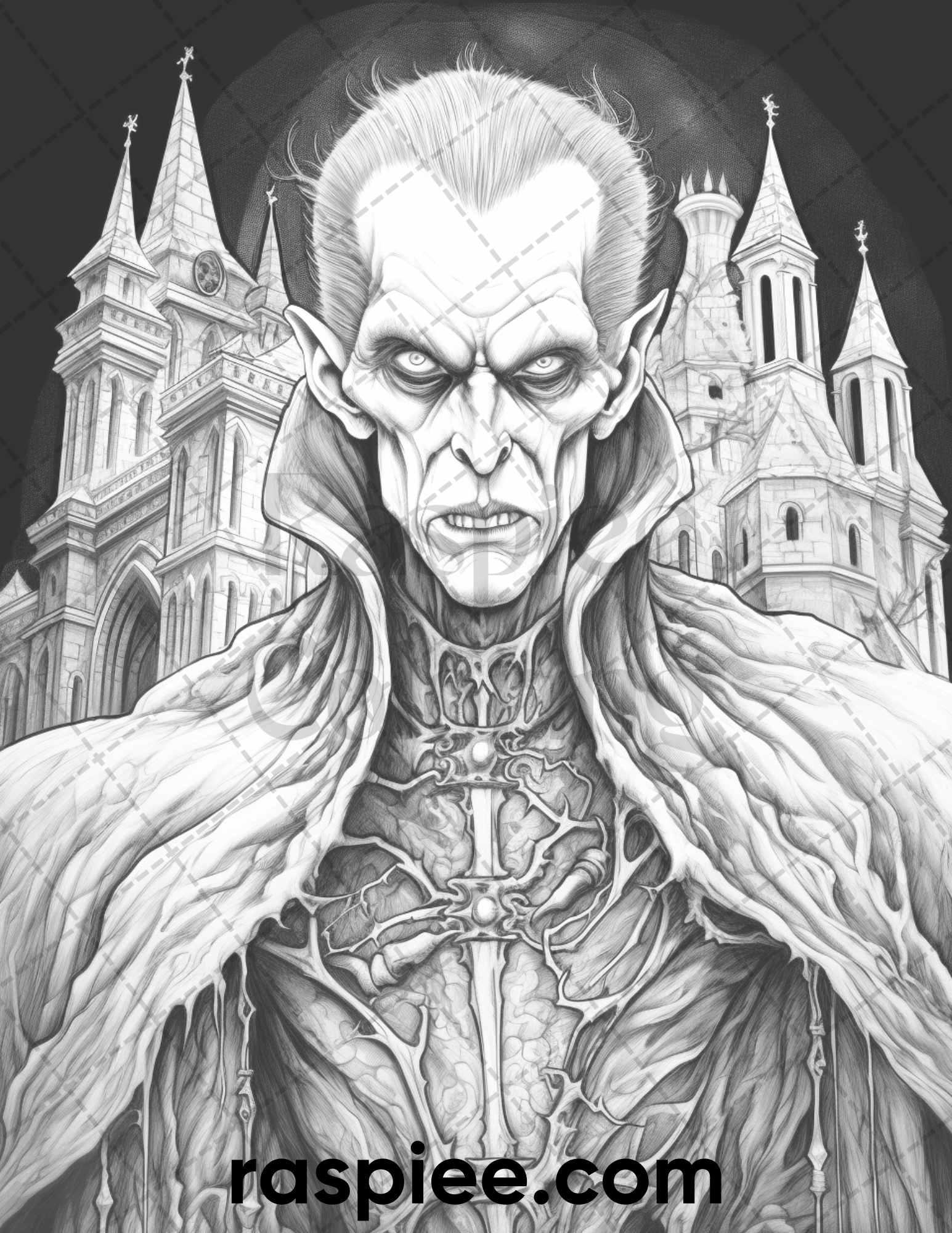 50 Count Dracula Grayscale Coloring Pages Printable for Adults, PDF File Instant Download