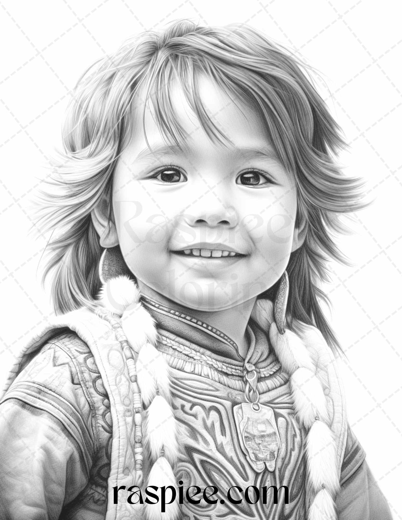 50 Native American Little Girls Boys Grayscale Coloring Pages Printable for Adults Kids, PDF File Instant Download