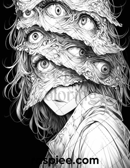 60 Horror Beauties Grayscale Coloring Pages Printable for Adults, PDF File Instant Download