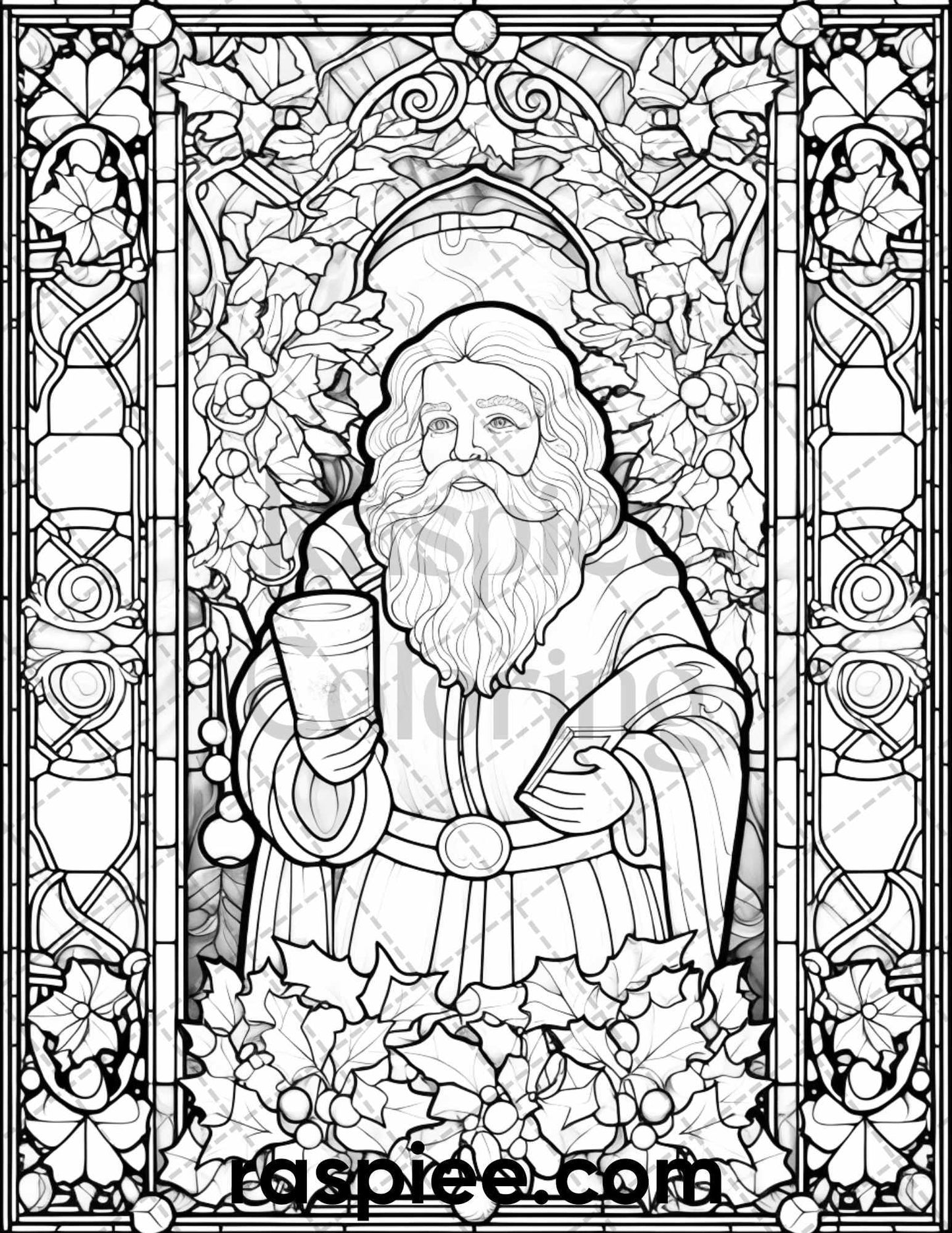 50 Christmas Stained Glass Grayscale Coloring Pages for Adults, Printable PDF File Instant Download
