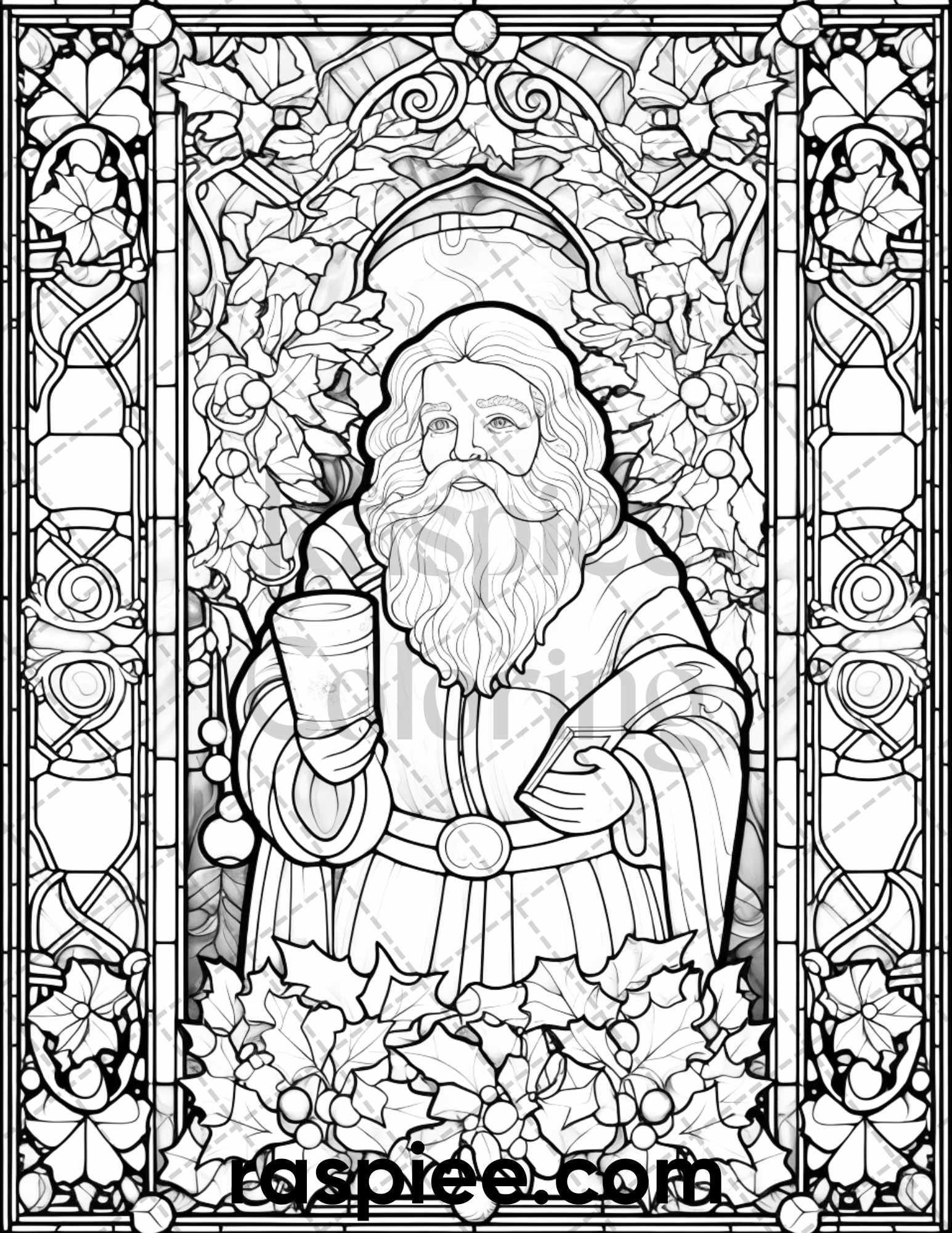 50 Christmas Stained Glass Grayscale Coloring Pages for Adults, Printable PDF File Instant Download