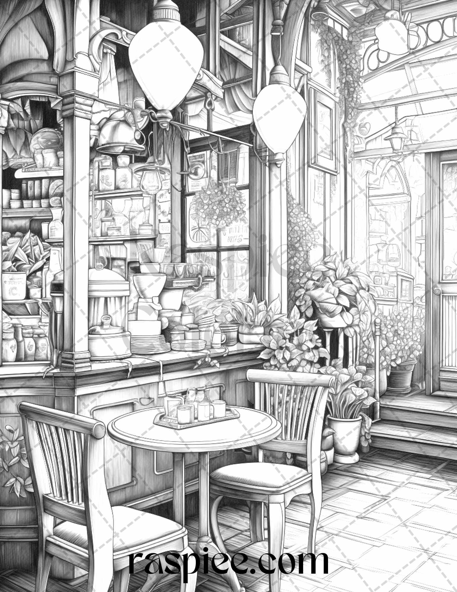 50 Cozy Coffee Shop Grayscale Coloring Pages Printable for Adults, PDF File Instant Download