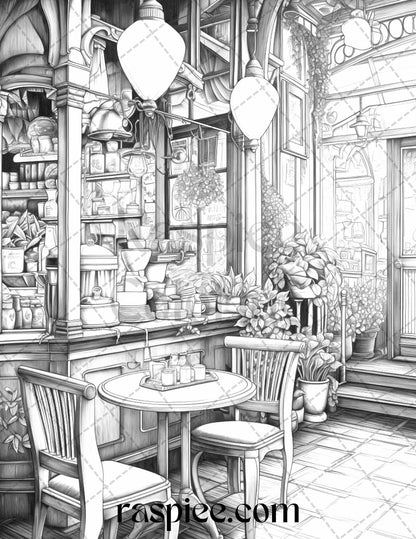 50 Cozy Coffee Shop Grayscale Coloring Pages Printable for Adults, PDF File Instant Download