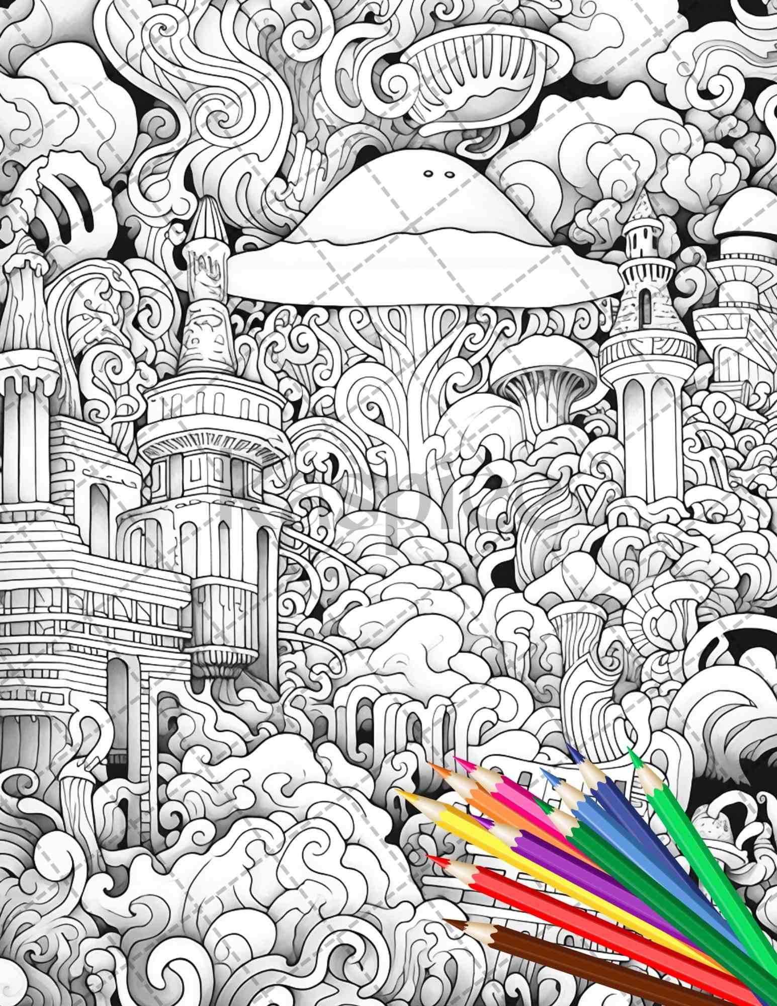 Psychedelic Trippy Coloring Book Printable for Adults, Grayscale Coloring Page, PDF File Instant Download