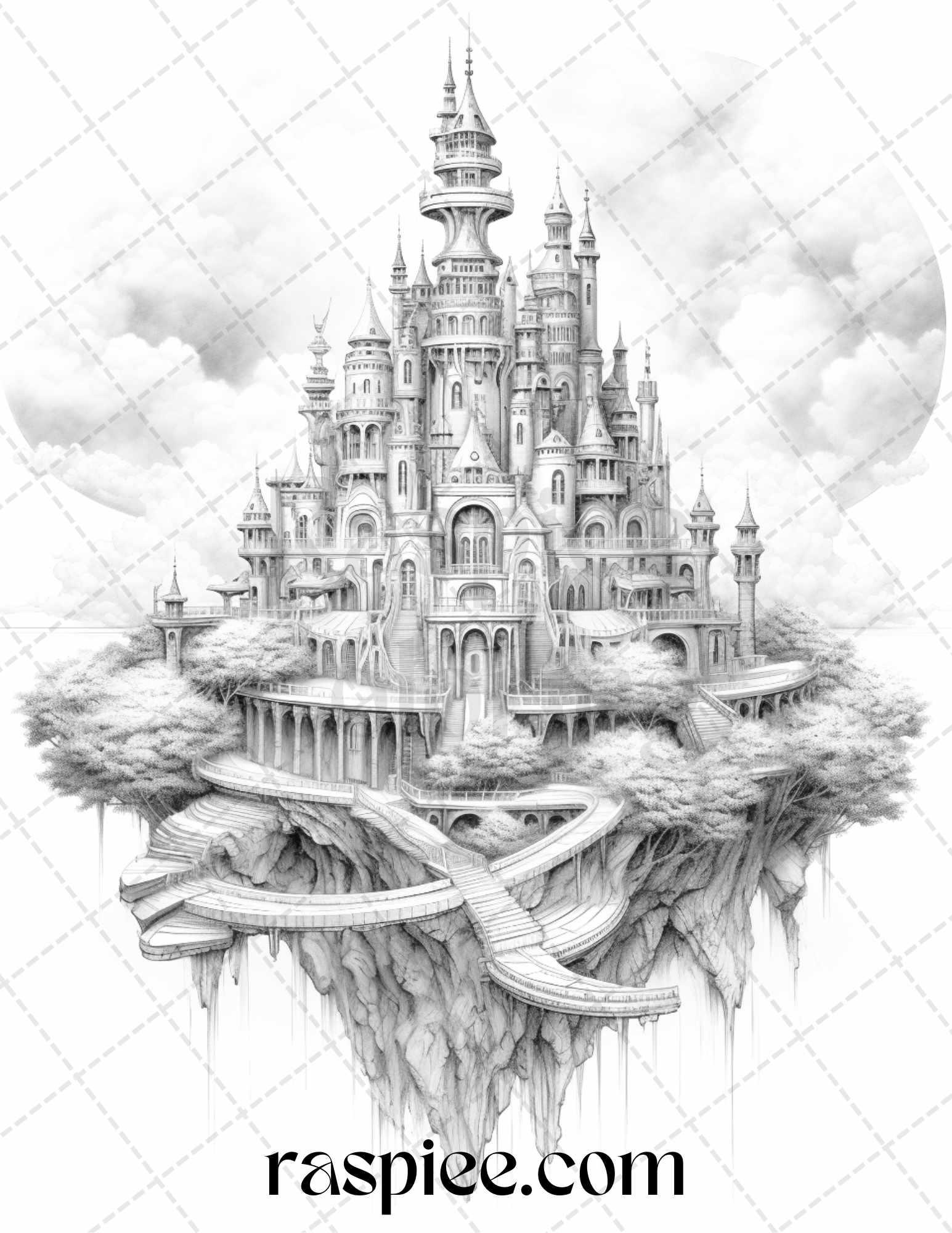 Floating Castle in the Sky Grayscale Coloring Pages for Adults, Printable PDF File Instant Download