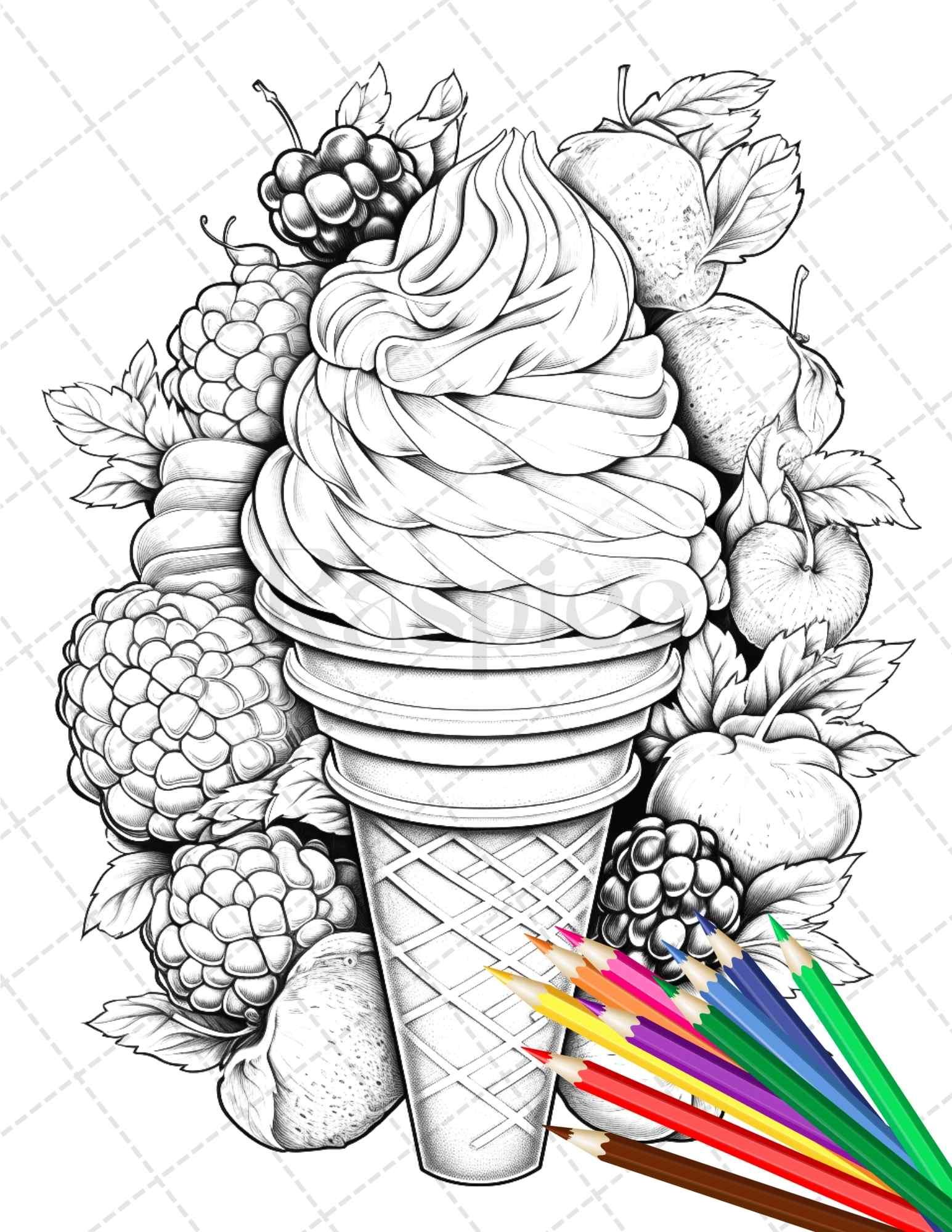 52 Printable Ice Cream Desserts Coloring Pages for Adults and Kids, Grayscale Coloring Page, PDF File Instant Download