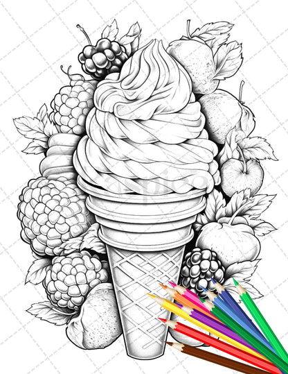 52 Printable Ice Cream Desserts Coloring Pages for Adults and Kids, Grayscale Coloring Page, PDF File Instant Download