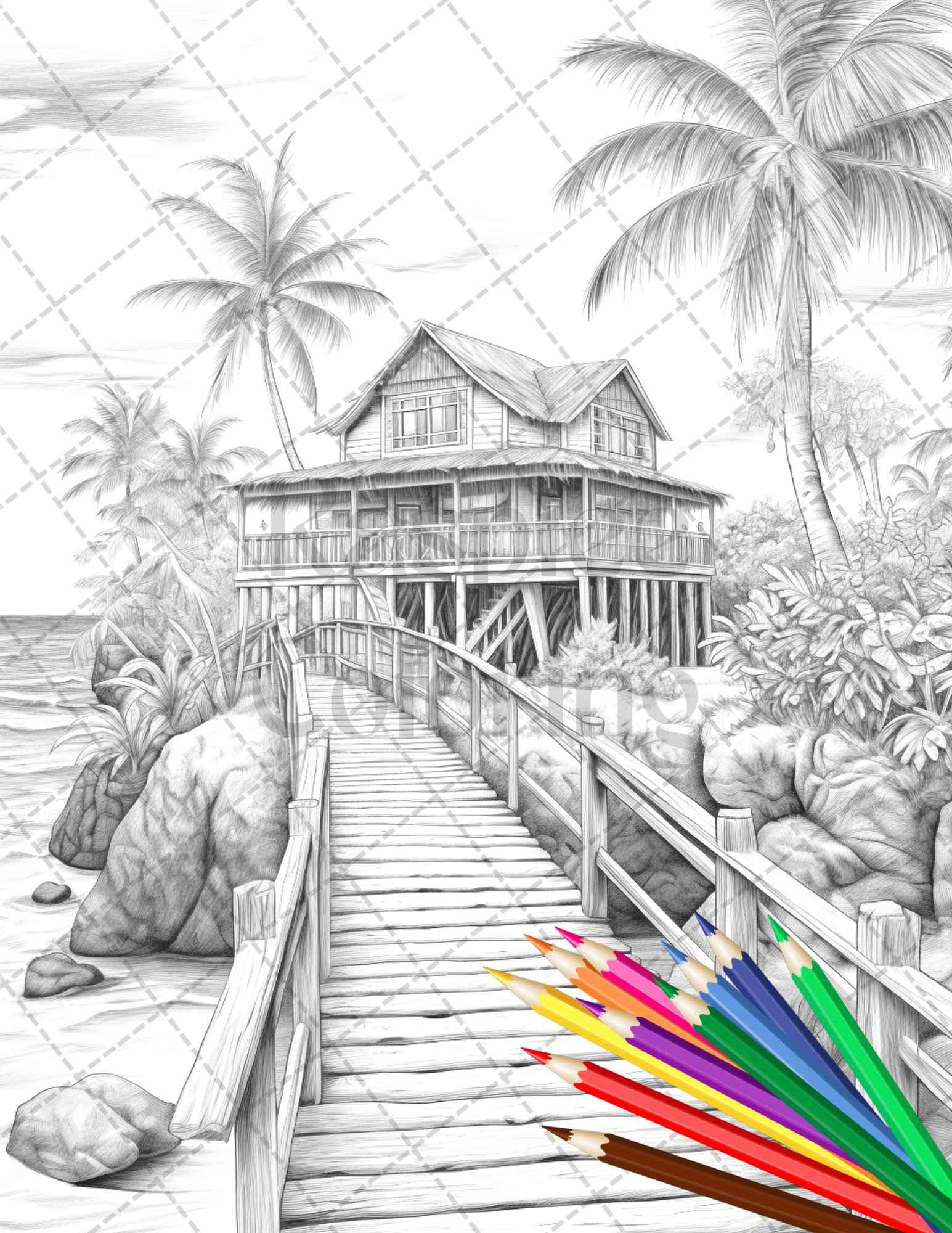 Beautiful Tropical Beach Grayscale Coloring Pages Printable for Adults, PDF File Instant Download