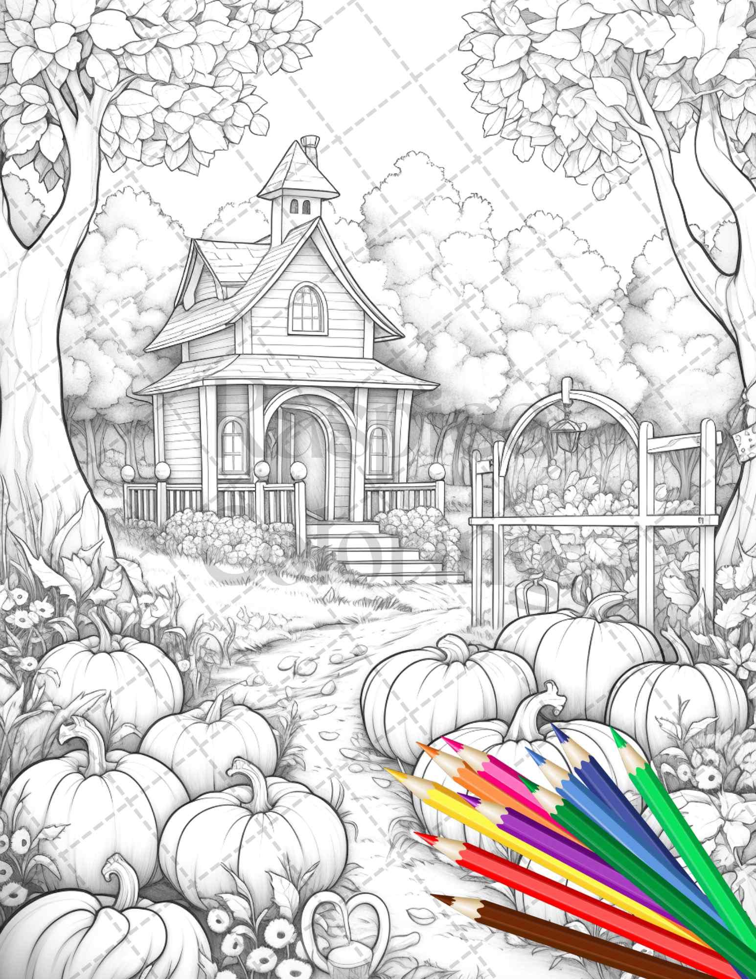 Pumpkin Garden Scenery Grayscale Coloring Pages Printable for Adults, PDF File Instant Download