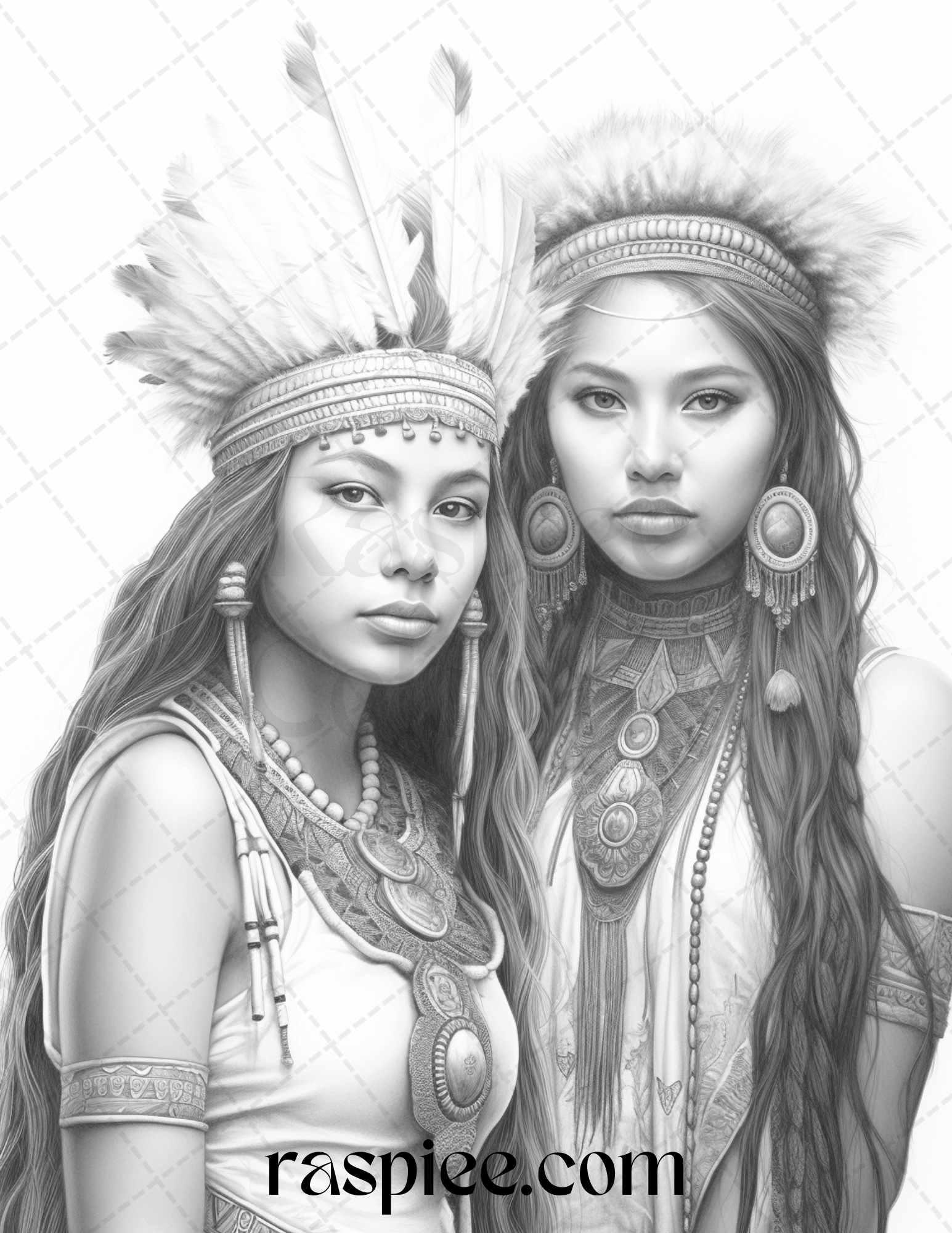 Native American Portrait Grayscale Coloring Pages Printable for Adults, PDF File Instant Download