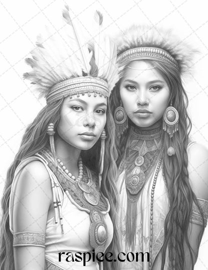 Native American Portrait Grayscale Coloring Pages Printable for Adults, PDF File Instant Download