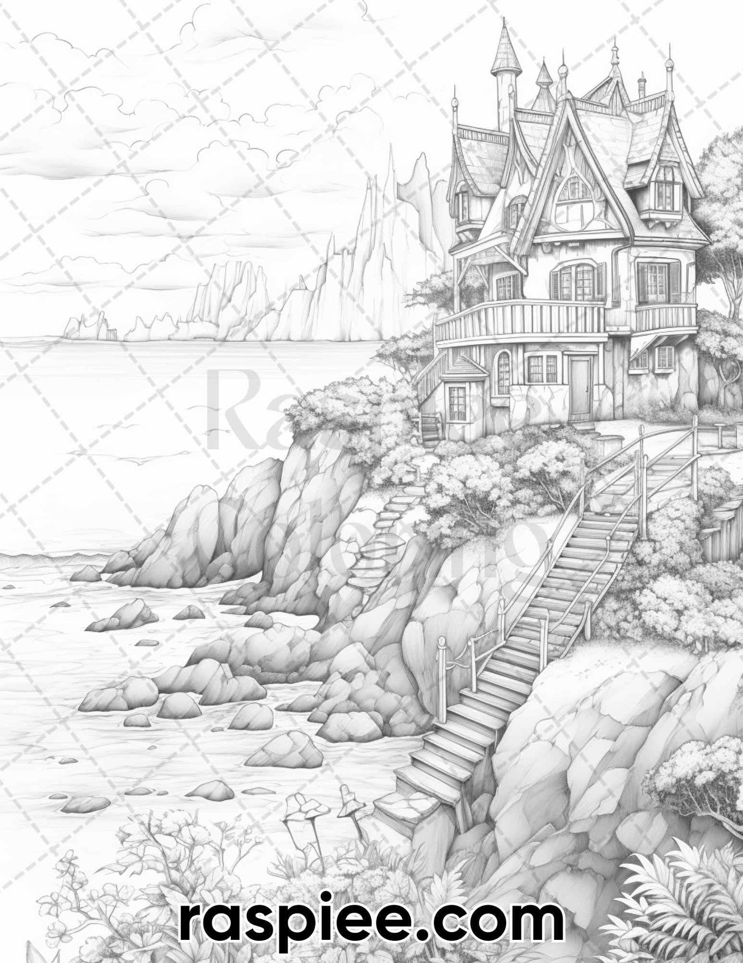 50 Fairy Beach Houses Grayscale Coloring Pages for Adults, Printable PDF Instant Download