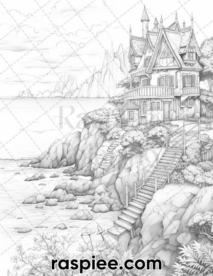 50 Fairy Beach Houses Grayscale Coloring Pages for Adults, Printable PDF Instant Download