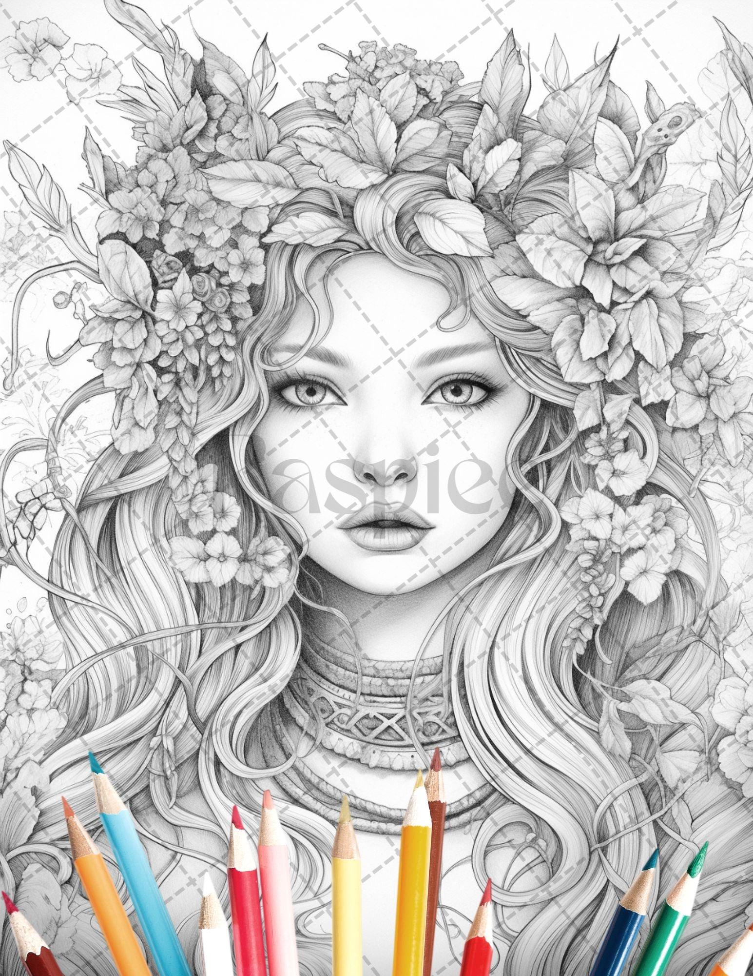 35 Beautiful Printable Elf Girls Coloring Book for Adults, Grayscale Coloring Page, PDF File Instant Download