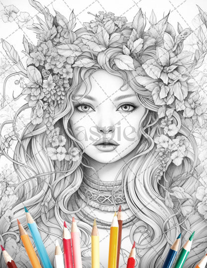 35 Beautiful Printable Elf Girls Coloring Book for Adults, Grayscale Coloring Page, PDF File Instant Download
