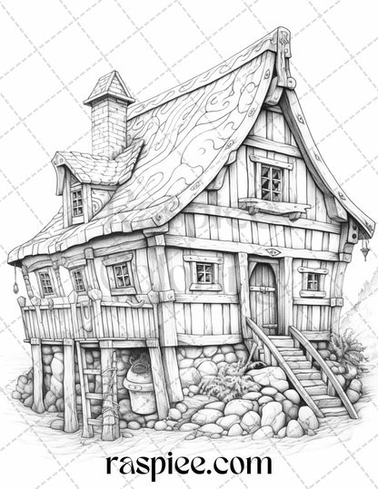 40 Viking Houses Grayscale Coloring Pages Printable for Adults, PDF File Instant Download