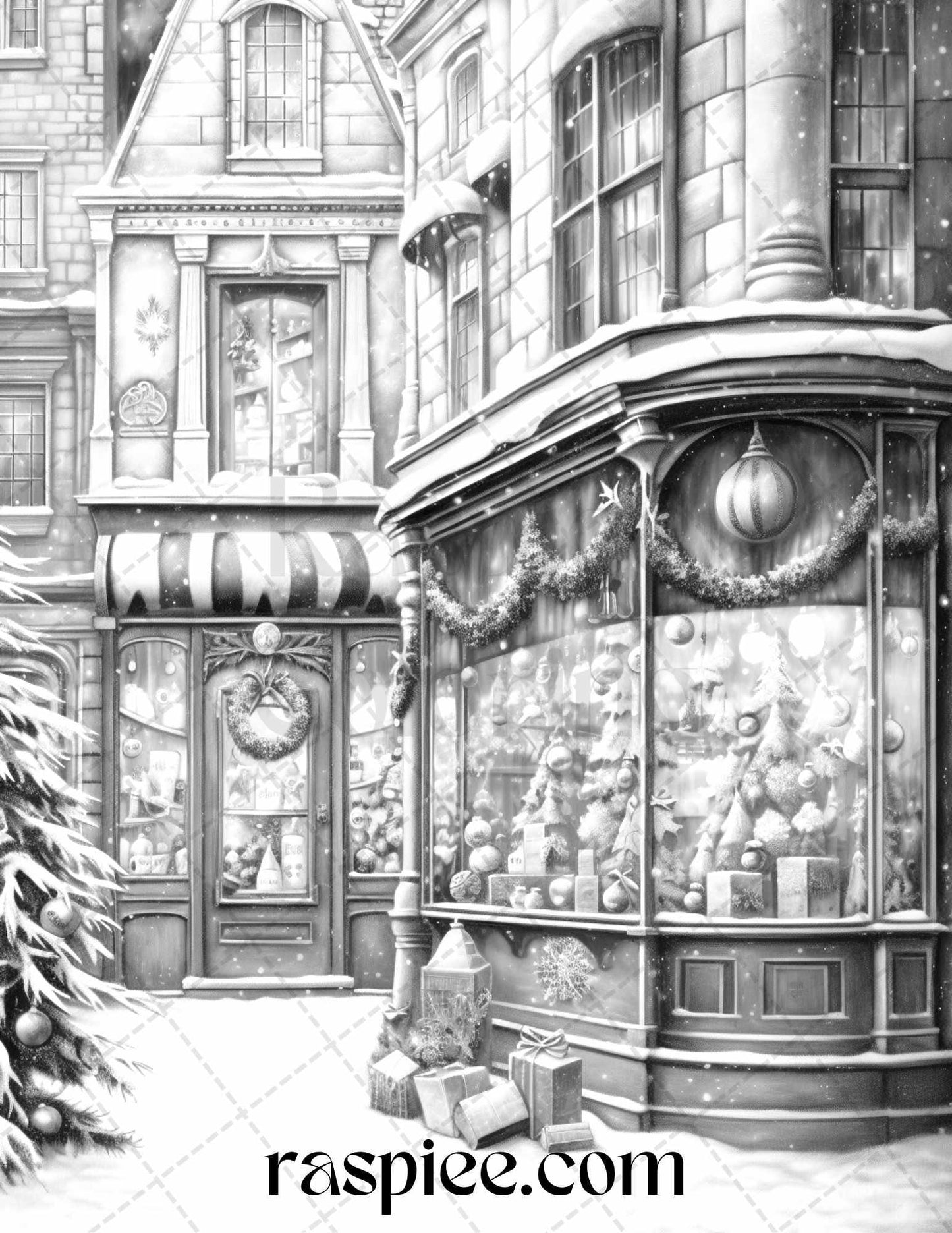 Christmas Store Front Grayscale Coloring Pages for Adults, PDF Printable Instant Download