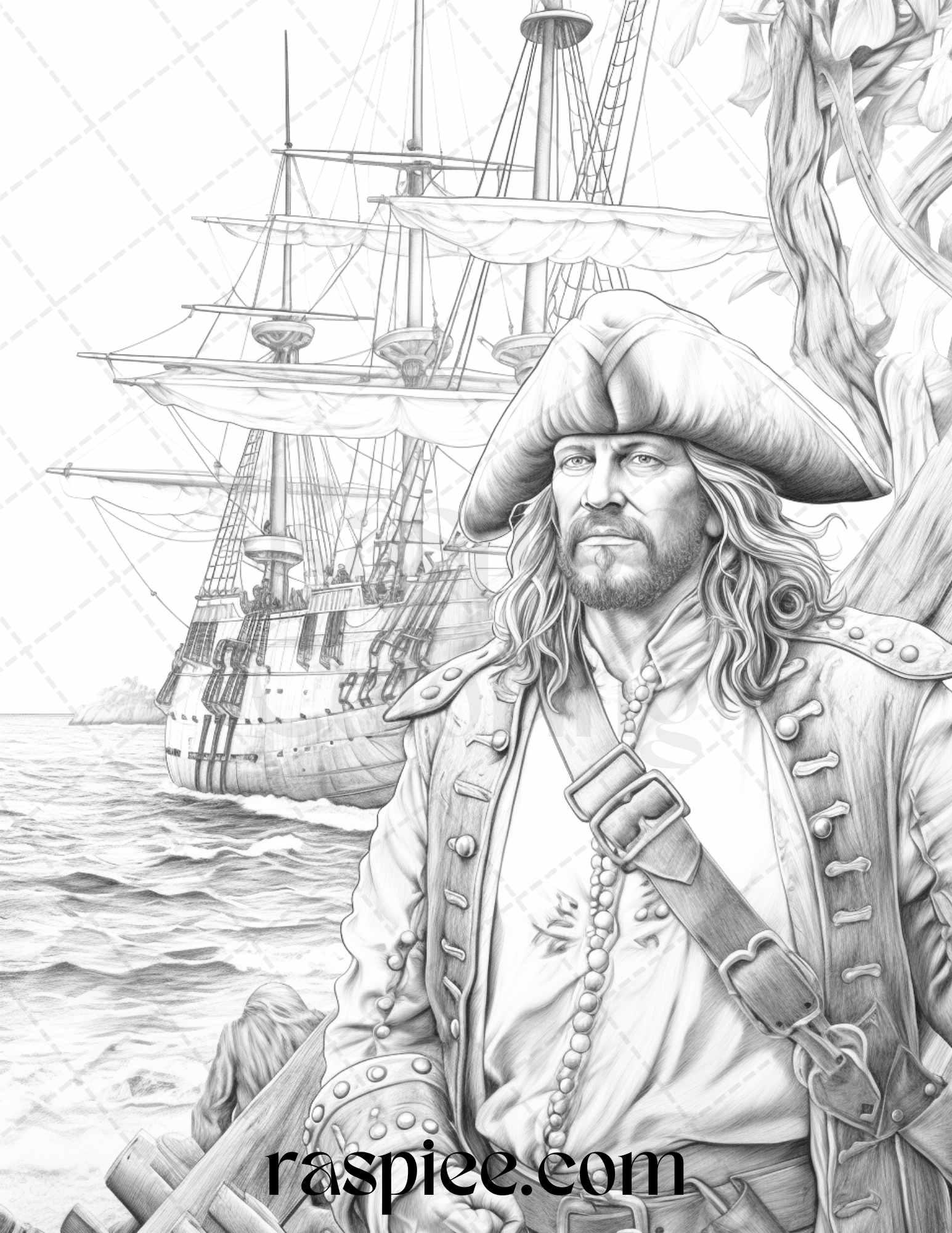 60 Pirate Life Grayscale Coloring Pages Printable for Adults, Stress Relief Coloring, PDF File Instant Download