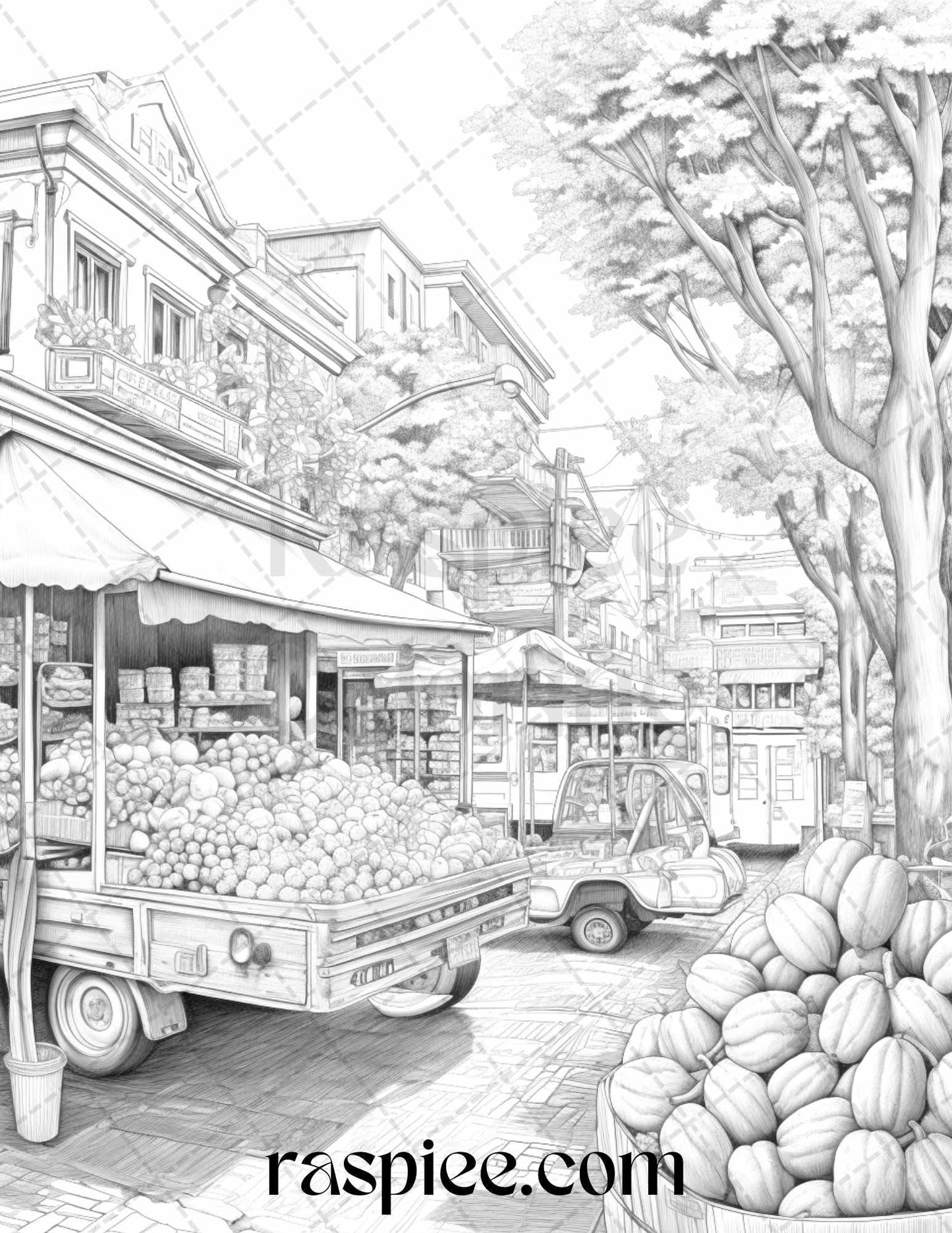 Autumn Street Markets Grayscale Coloring Pages for Adults, Printable PDF File Instant Download