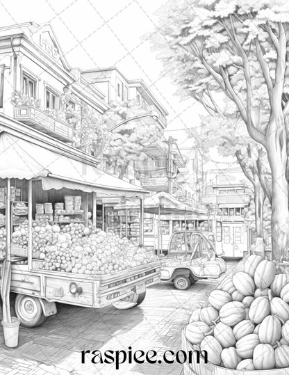Autumn Street Markets Grayscale Coloring Pages for Adults, Printable PDF File Instant Download