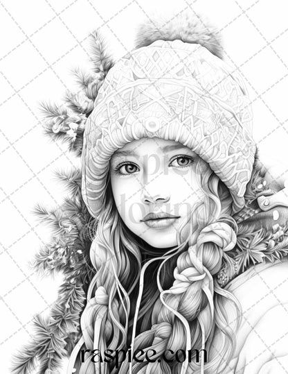 60 Beautiful Winter Girls Grayscale Coloring Pages Printable for Adults, PDF File Instant Download