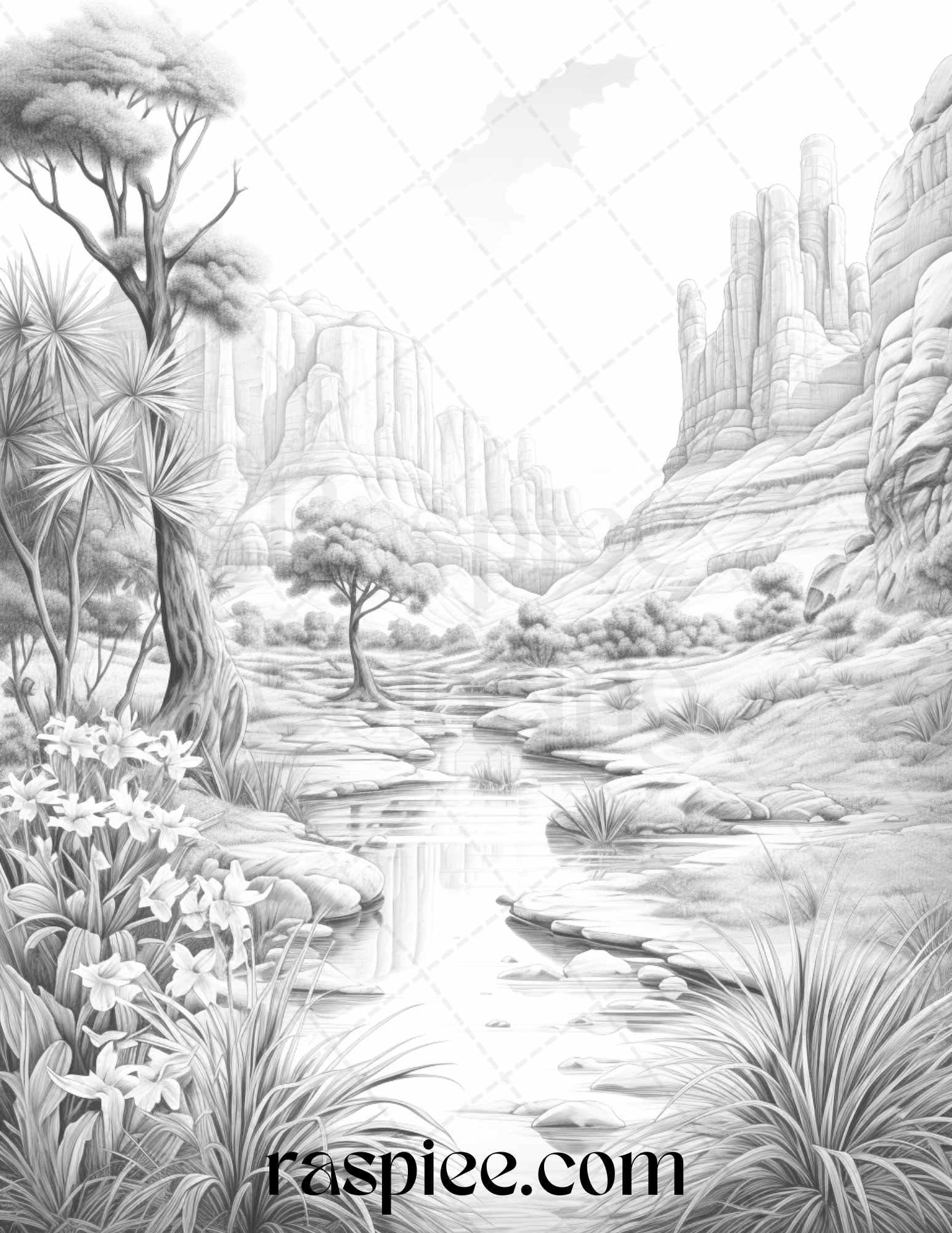 40 Desert Landscapes Grayscale Coloring Pages Printable for Adults, PDF File Instant Download