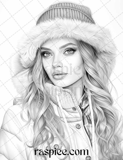 40 Winter Fashion Grayscale Coloring Pages Printable for Adults, PDF File Instant Download