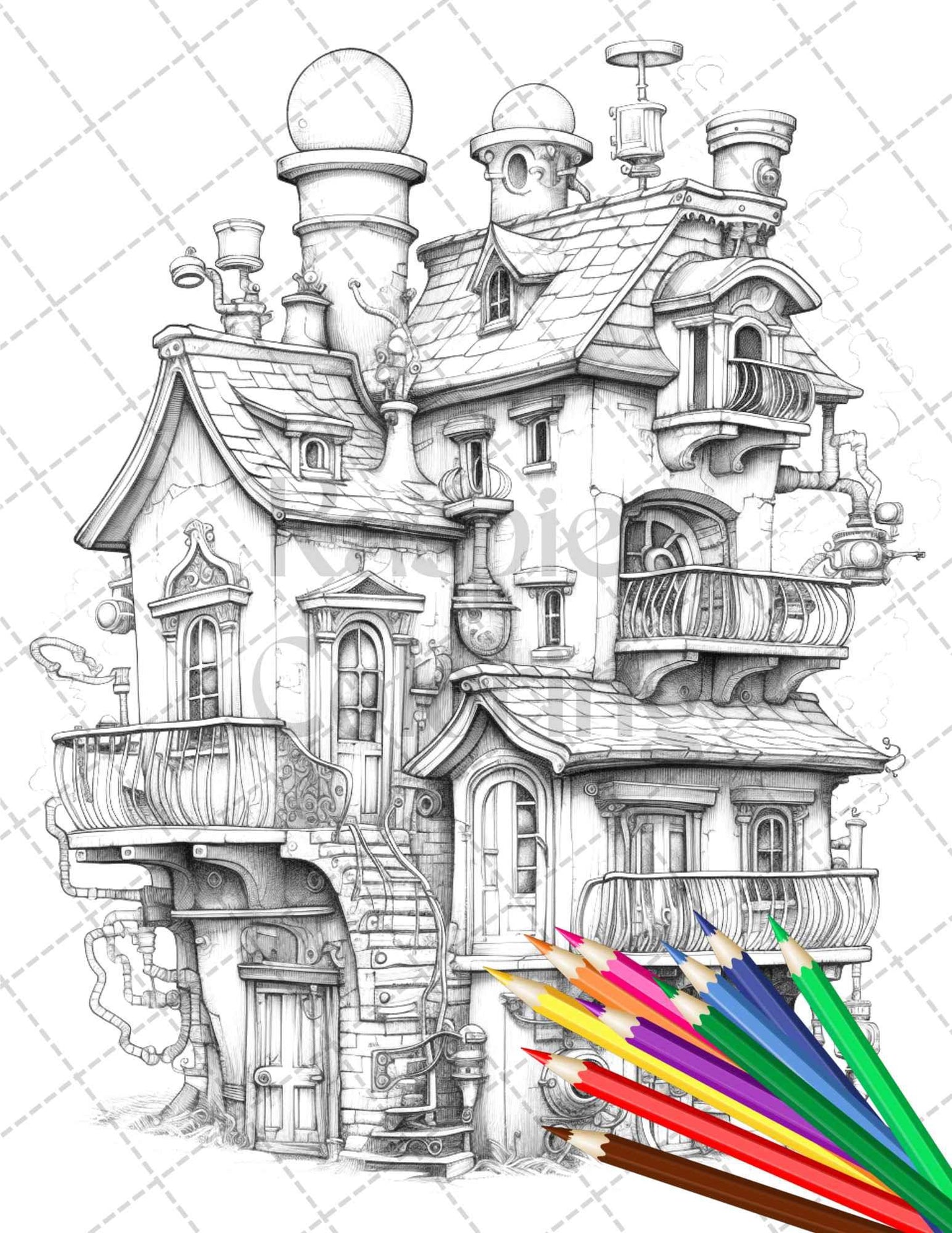 50 Steampunk Houses Grayscale Coloring Pages Printable for Adults, PDF File Instant Download
